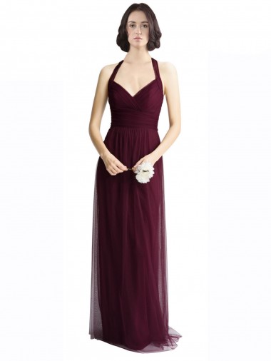Acquista Rosso 74 Linea A Capestro Scollatura a V Tulle Lunga Abiti da damigella donore