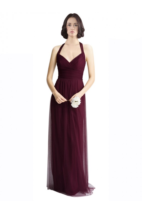 Acquista Rosso 74 Linea A Capestro Scollatura a V Tulle Lunga Abiti da damigella donore