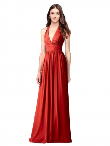 Acquista Rosso Linea A Capestro Scollatura a V Chiffona Lunga Abiti da damigella donore