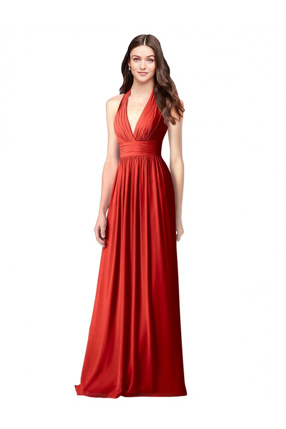 Acquista Rosso Linea A Capestro Scollatura a V Chiffona Lunga Abiti da damigella donore