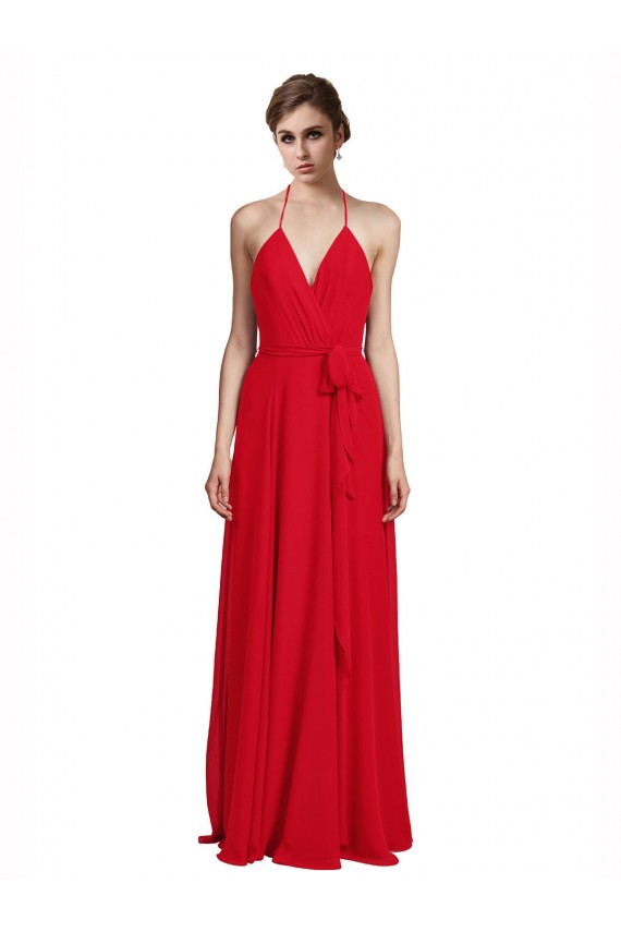 Acquista Rosso Linea A Sottili Capestro Scollatura a V Chiffona Lunga Abiti da damigella donore