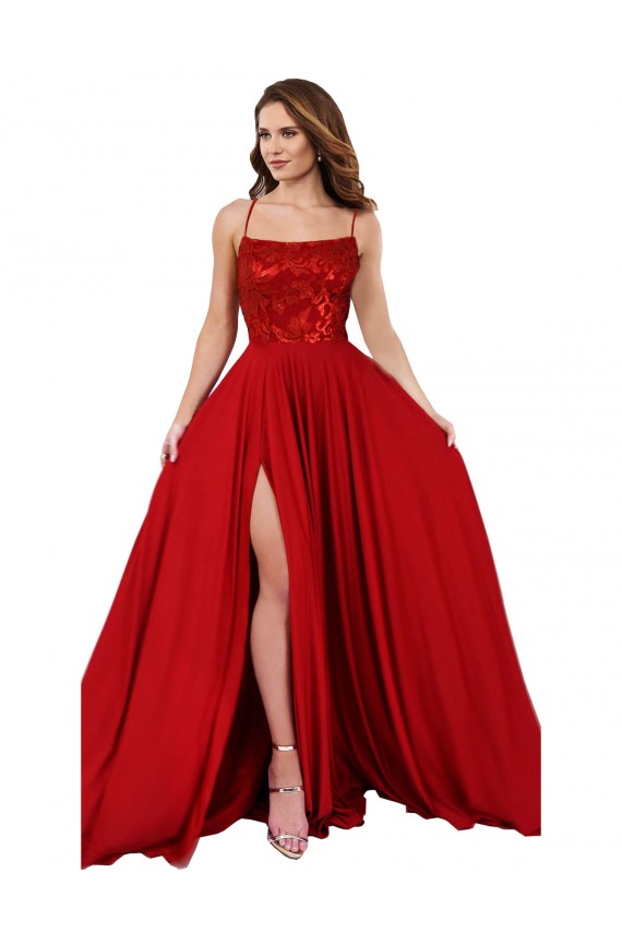 Acquista Rosso Linea A Sottili Piazza Spandex Pizzo Lunga Abiti da damigella donore / Abiti da ballo