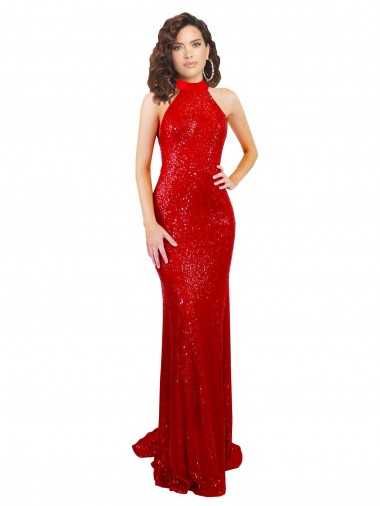 Acquista Rosso Stile sirena Capestro Alto Collo Paillettes Lunga Formali Abiti da damigella donore / Abiti da sera / Abiti da ballo