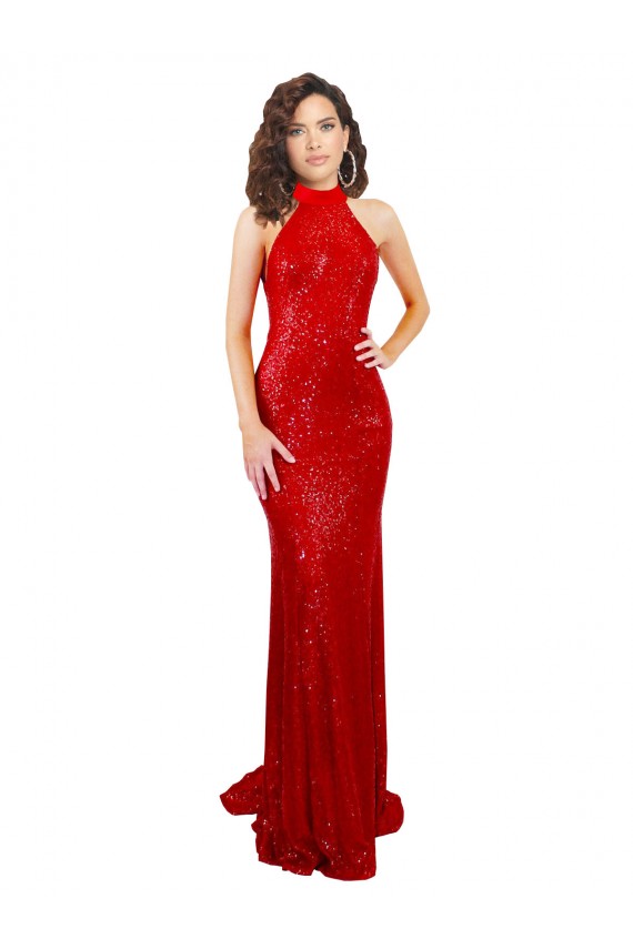 Acquista Rosso Stile sirena Capestro Alto Collo Paillettes Lunga Formali Abiti da damigella donore / Abiti da sera / Abiti da ballo