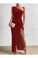Acquista Rosso Tubino Una spalla Paillettes Velluto Lunga Abiti da ballo