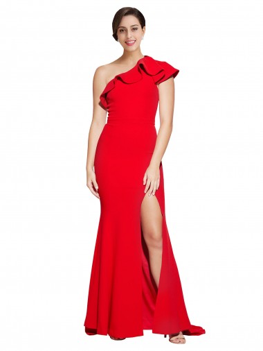Acquista Rosso Tubino Una spalla Sweep treno Crespo Elastico Lunga Abiti da damigella donore / Abiti da ballo