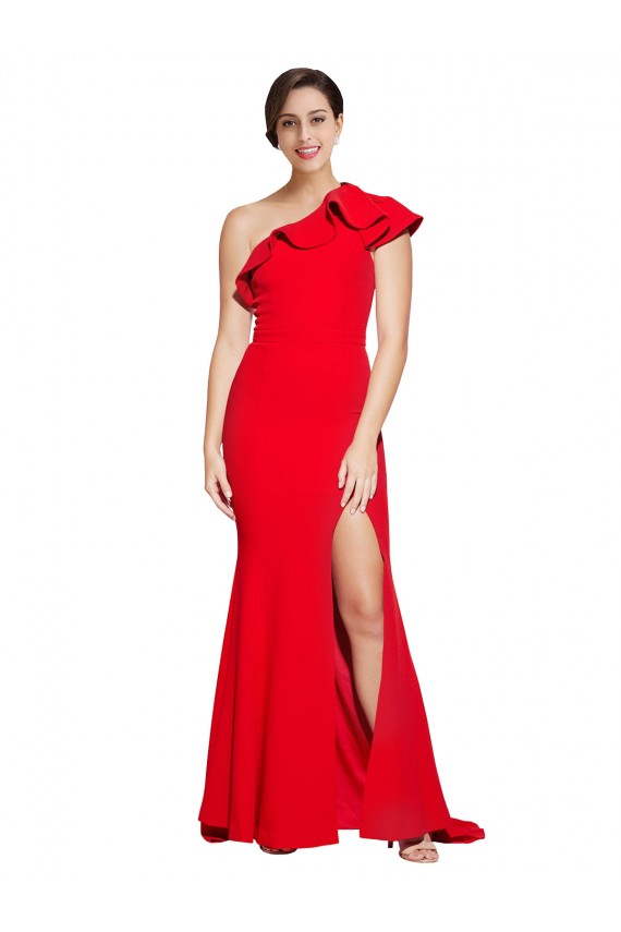 Acquista Rosso Tubino Una spalla Sweep treno Crespo Elastico Lunga Abiti da damigella donore / Abiti da ballo