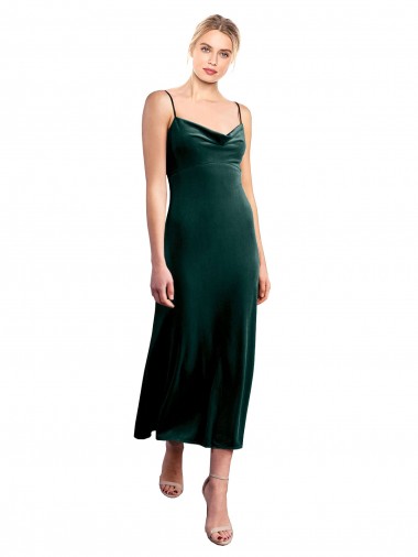 Acquista Verde Scuro Linea A Sottili Cappuccio Midi Velluto Elastico Corto Abiti da damigella donore / Abiti da ballo / Abiti da cocktail