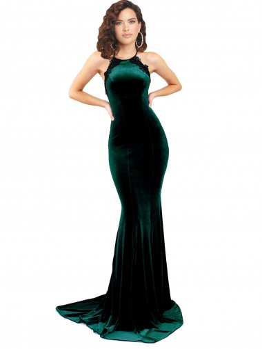 Acquista Verde Scuro Stile sirena Alto Collo Sweep treno Velluto Elastico Lunga Formali Abiti da damigella donore / Abiti da sera / Abiti da ballo