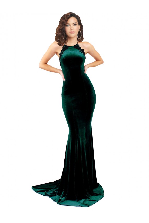 Acquista Verde Scuro Stile sirena Alto Collo Sweep treno Velluto Elastico Lunga Formali Abiti da damigella donore / Abiti da sera / Abiti da ballo