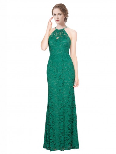 Acquista Verde Scuro Stile sirena Capestro Alto Collo Pizzo Lunga Abiti da damigella donore / Abiti da ballo