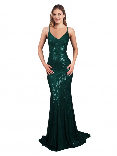 Acquista Verde Scuro Stile sirena Scollatura a V Paillettes Lunga Formali Abiti da damigella donore / Abiti da sera / Abiti da ballo