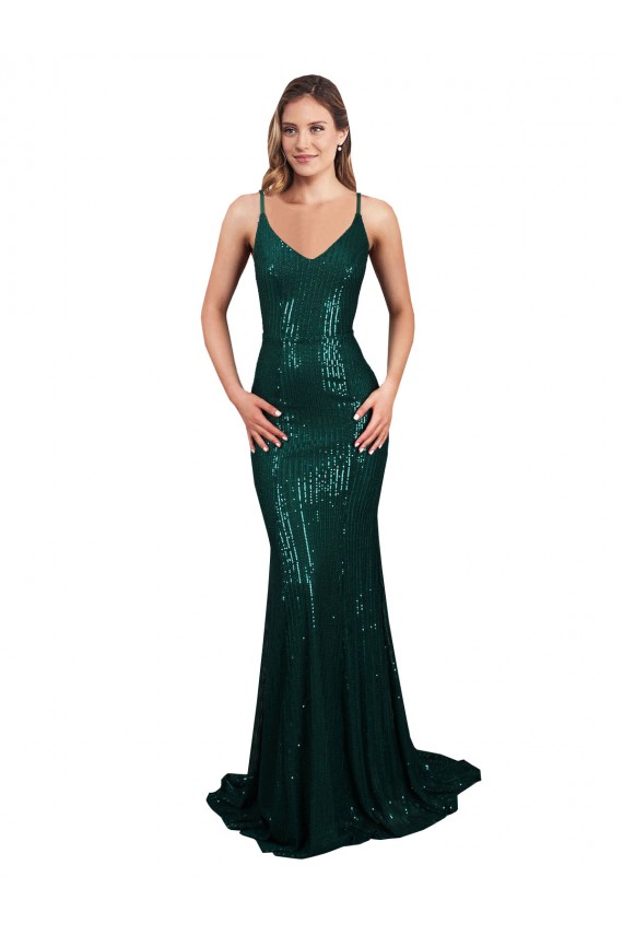 Acquista Verde Scuro Stile sirena Scollatura a V Paillettes Lunga Formali Abiti da damigella donore / Abiti da sera / Abiti da ballo