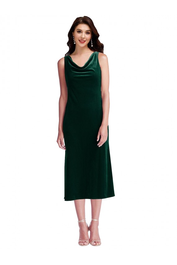 Acquista Verde Scuro Tubino Cappuccio Midi Velluto Elastico Corto Abiti da damigella donore / Abiti da ballo / Abiti da cocktail