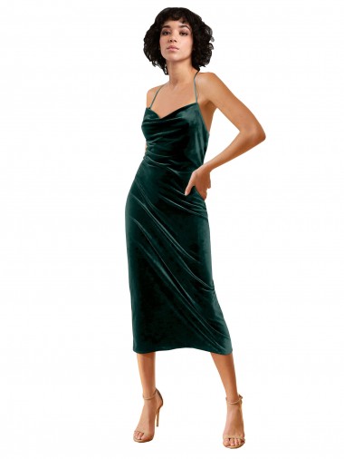 Acquista Verde Scuro Tubino Sottili Cappuccio Midi Velluto Elastico Corto Abiti da damigella donore / Abiti da sera / Abiti da cocktail
