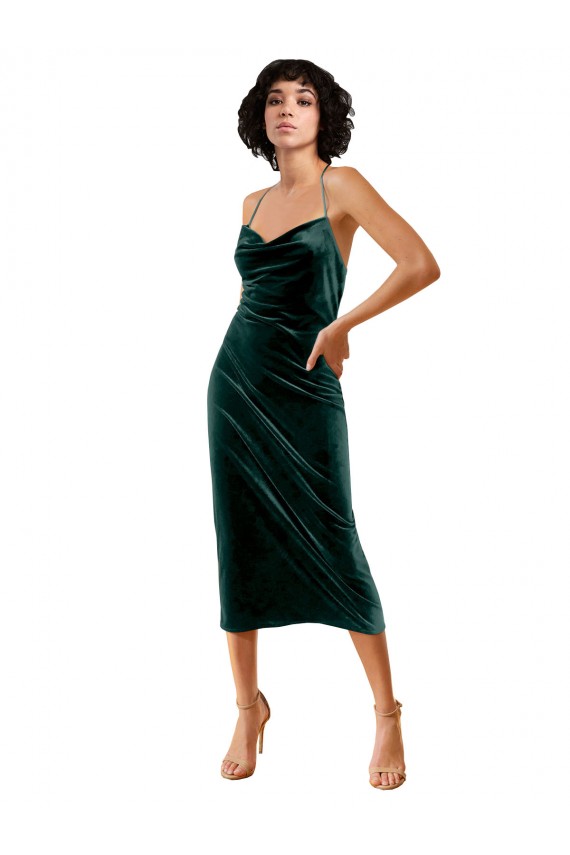 Acquista Verde Scuro Tubino Sottili Cappuccio Midi Velluto Elastico Corto Abiti da damigella donore / Abiti da sera / Abiti da cocktail