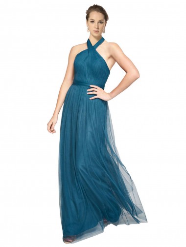Acquista Verde acqua Linea A Capestro Alto Collo Tulle Lunga Abiti da damigella donore