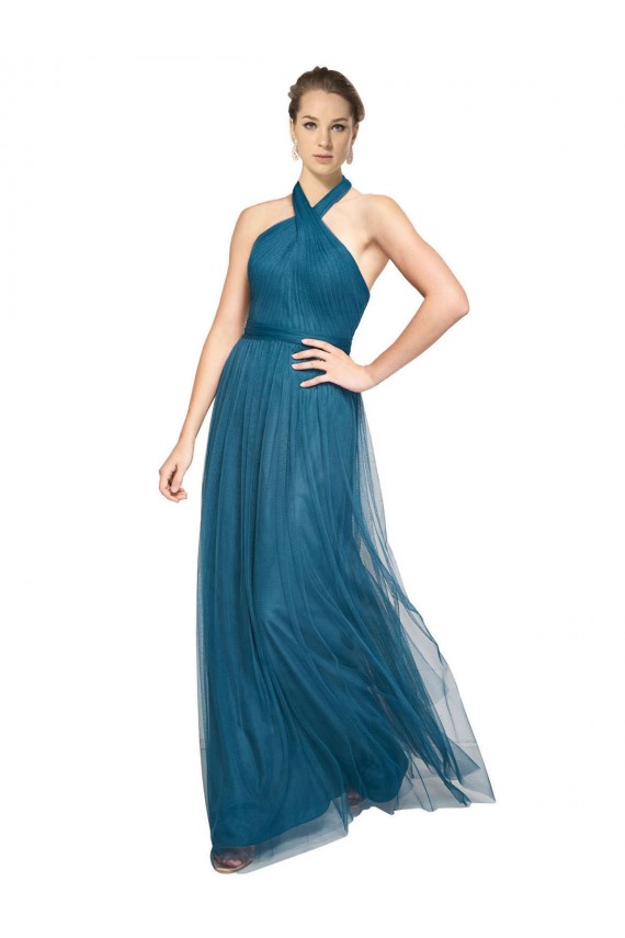 Acquista Verde acqua Linea A Capestro Alto Collo Tulle Lunga Abiti da damigella donore