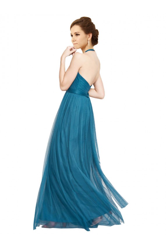 Acquista Verde acqua Linea A Capestro Alto Collo Tulle Lunga Abiti da damigella donore
