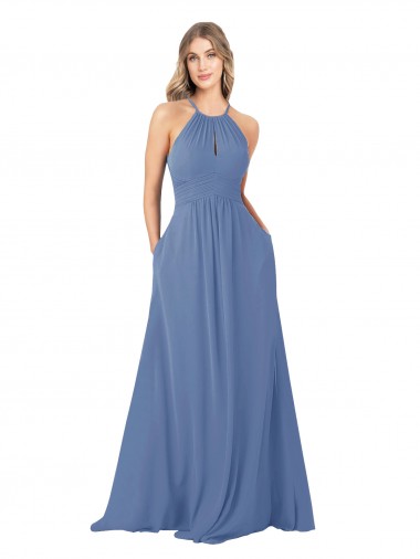 Acquista Windsor Blu Linea A Alto Collo Chiffona Lunga Abiti da damigella donore