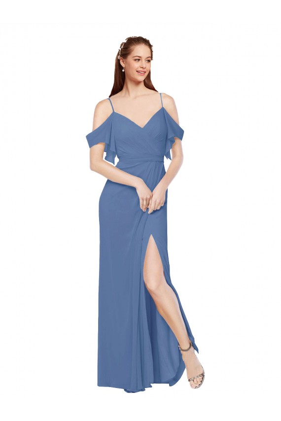 Acquista Windsor Blu Linea A Chiffona Lunga Abiti da damigella donore